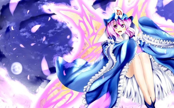 Anime picture 1600x1000 with touhou saigyouji yuyuko kal (pixiv) single short hair open mouth wide image pink hair pink eyes girl hat petals moon bonnet full moon