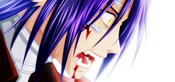 Anime picture 1000x473 with chrono crusade gonzo chrono hao-hime single short hair open mouth wide image white background yellow eyes purple hair profile sweat coloring close-up face angry boy blood