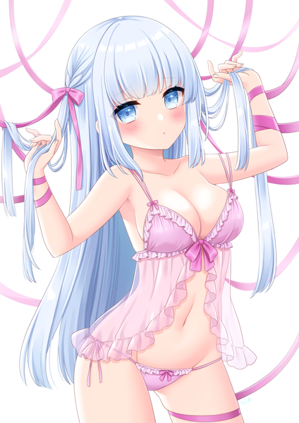 Anime picture 1000x1414 with original stardrop single long hair tall image looking at viewer blush fringe breasts blue eyes light erotic simple background large breasts standing white background blue hair cleavage arms up underwear only strap slip