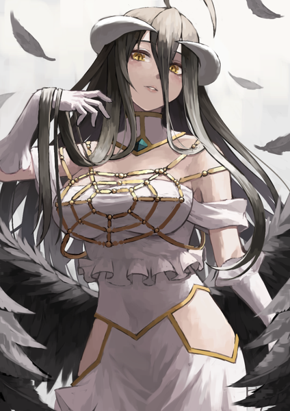 Anime-Bild 714x1010 mit overlord (maruyama) madhouse albedo (overlord) fagi (kakikaki) single long hair tall image looking at viewer fringe breasts black hair simple background hair between eyes standing white background yellow eyes ahoge parted lips head tilt horn (horns)