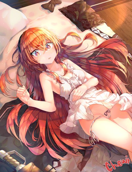 Anime picture 3300x4299 with mushoku tensei studio bind eris boreas greyrat chewi single long hair tall image looking at viewer blush fringe highres breasts light erotic hair between eyes red eyes signed payot absurdres red hair indoors