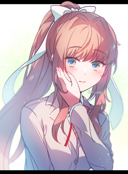 Anime picture 662x900 with doki doki literature club monika (doki doki literature club) aicedrop single long hair tall image looking at viewer blush fringe simple background brown hair signed payot upper body ponytail blunt bangs long sleeves blurry twitter username border