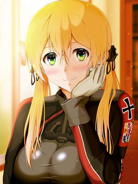 Anime picture 900x1200 with kantai collection prinz eugen (kantai collection) hamaguri (hamaguri1234) single long hair tall image looking at viewer blush fringe breasts blonde hair smile hair between eyes large breasts green eyes upper body sunlight chin rest dust girl