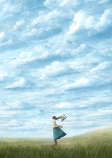 Anime picture 800x1125 with original bounin single long hair tall image standing sky cloud (clouds) wind dark hair girl skirt plant (plants) pantyhose boots grass