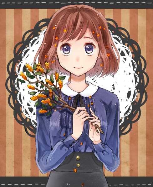 Anime picture 800x981 with original shake sawa single tall image looking at viewer fringe short hair smile brown hair purple eyes holding striped background girl dress flower (flowers) branch purple dress osmanthus fragrans