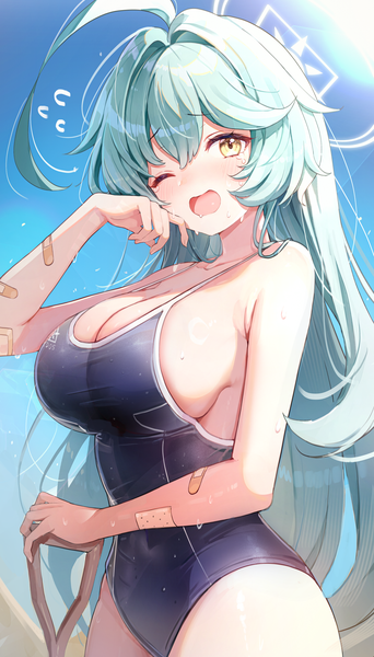 Anime picture 3000x5265 with blue archive yume (blue archive) misyune single long hair tall image looking at viewer fringe highres breasts open mouth light erotic hair between eyes large breasts standing yellow eyes ahoge one eye closed aqua hair sweat