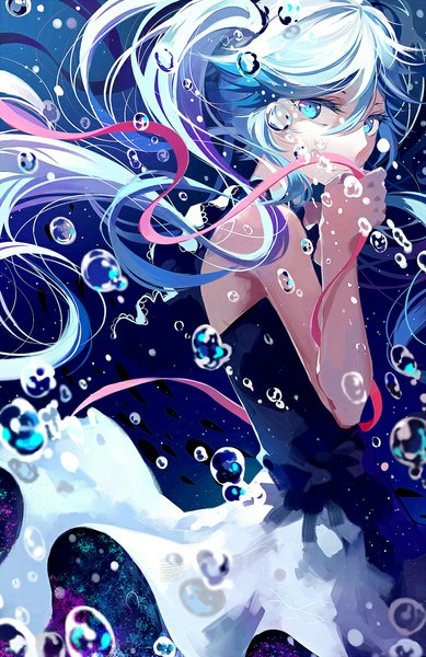 Anime picture 755x1163 with vocaloid shinkai shoujo (vocaloid) hatsune miku ayan single long hair tall image looking at viewer blush twintails bare shoulders looking back aqua eyes aqua hair turning head underwater girl dress ribbon (ribbons) black dress