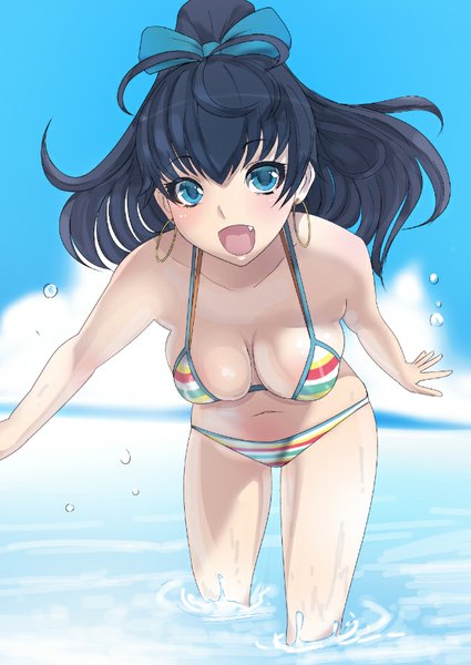 Anime picture 637x900 with idolmaster ganaha hibiki miyamoto issa single long hair tall image looking at viewer blush open mouth blue eyes light erotic black hair smile cloud (clouds) ponytail :d teeth fang (fangs) leaning leaning forward