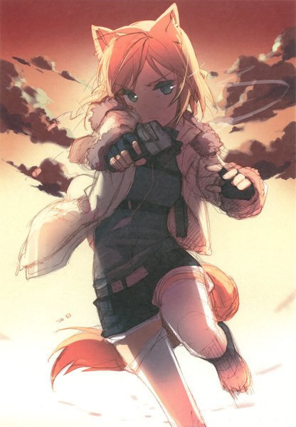 Anime picture 2676x3859 with island of horizon h2so4 single tall image highres short hair cloud (clouds) tail animal tail paper texture girl thighhighs gloves weapon shorts fingerless gloves gun