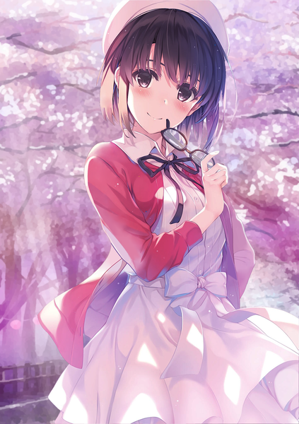 Anime picture 1443x2048 with saenai heroine no sodatekata a-1 pictures katou megumi misaki kurehito single tall image looking at viewer blush fringe short hair smile brown hair standing holding brown eyes scan open jacket cherry blossoms arm behind back spring