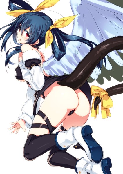 Anime picture 724x1024 with guilty gear dizzy (guilty gear) hiraga matsuri single long hair tall image looking at viewer light erotic simple background red eyes white background twintails blue hair ass tail turning head tail ribbon girl thighhighs wings