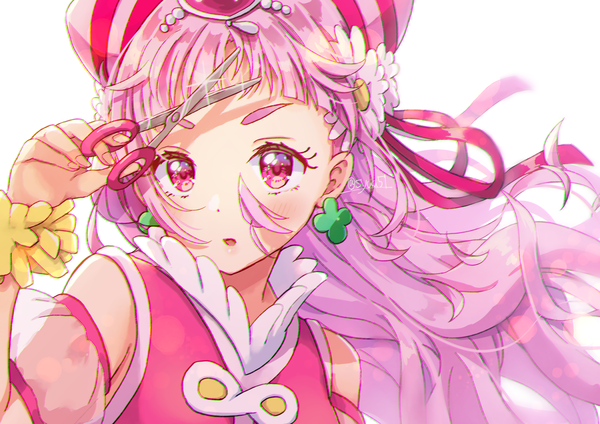 Anime picture 3538x2502 with precure hugtto! precure toei animation nono hana cure yell shuu (mniarnoakou) single long hair looking at viewer highres simple background white background signed pink hair absurdres upper body pink eyes twitter username magical girl hairdressing