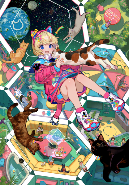 Anime picture 1390x2000 with original fuzichoco tall image blush fringe short hair open mouth blue eyes blonde hair brown hair animal ears blunt bangs nail polish green hair from above fang (fangs) text dated fake animal ears english