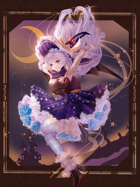 Anime picture 2251x3000 with original komirihikku single long hair tall image highres blue eyes looking away bent knee (knees) white hair long sleeves parted lips arms up high heels halloween lolita fashion witch crescent silhouette falling