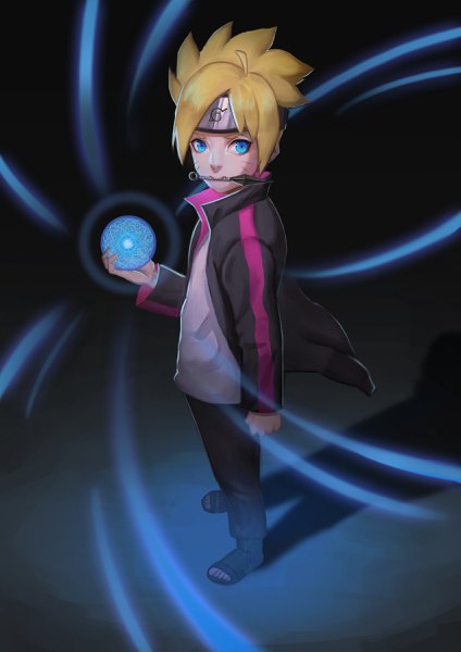 Anime picture 1695x2400 with boruto studio pierrot naruto (series) uzumaki boruto qian yi single tall image looking at viewer short hair blue eyes simple background blonde hair standing holding full body ahoge open jacket shadow mouth hold facial mark