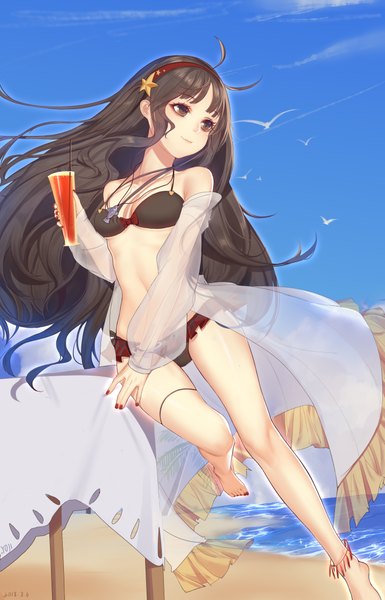 Anime picture 2894x4502 with forever 7th capital female commander (forever 7th capital) yoji (pl05030786) single long hair tall image fringe highres breasts light erotic black hair smile bare shoulders holding brown eyes signed looking away sky full body ahoge