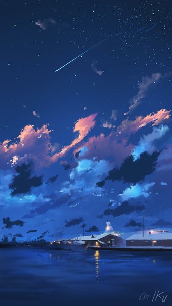 Anime picture 1280x2272 with original kayas tall image signed sky cloud (clouds) night night sky silhouette meteor rain water sea building (buildings) star (stars) stairs watercraft ship