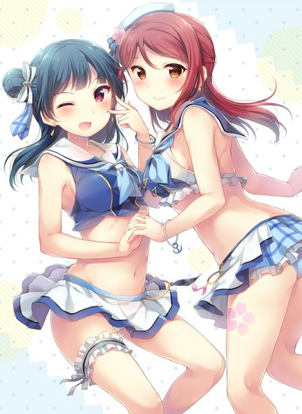 Anime picture 1000x1370 with love live! sunshine!! sunrise (studio) love live! sakurauchi riko tsushima yoshiko hazuki (sutasuta) long hair tall image looking at viewer blush breasts open mouth light erotic smile purple eyes multiple girls yellow eyes blue hair one eye closed light smile