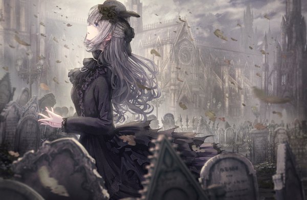 Anime picture 1842x1199 with original missle228 single long hair fringe highres blue eyes standing payot cloud (clouds) outdoors blunt bangs long sleeves profile grey hair looking up architecture gothic girl dress