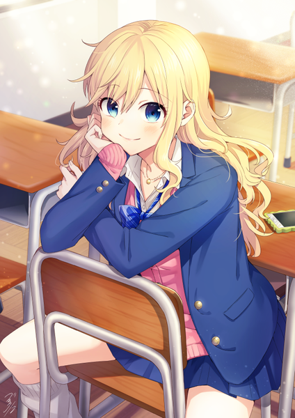 Anime picture 600x849 with idolmaster idolmaster cinderella girls ootsuki yui bekkourico single long hair tall image looking at viewer blush fringe blue eyes blonde hair hair between eyes sitting signed spread legs open collar chin rest classroom girl