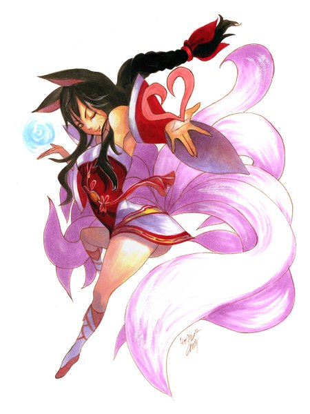 Anime picture 1125x1500 with league of legends ahri (league of legends) single long hair tall image black hair simple background white background bare shoulders animal ears animal tail one eye closed wink fox ears facial mark multiple tails whisker markings girl dress heart