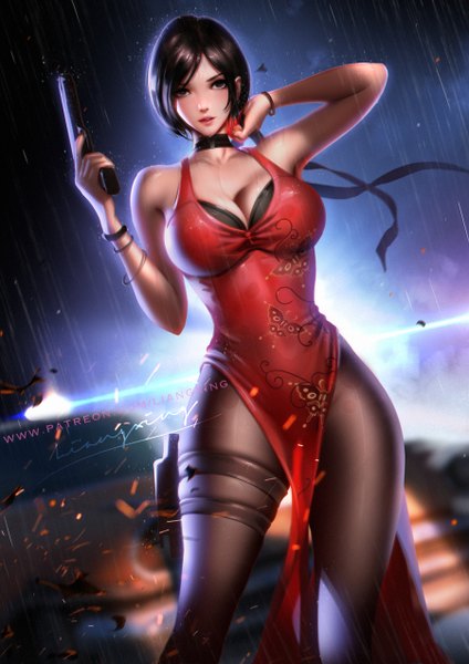 Anime picture 900x1273 with resident evil ada wong liang xing single tall image looking at viewer fringe short hair breasts light erotic black hair large breasts standing bare shoulders holding brown eyes signed cleavage outdoors traditional clothes