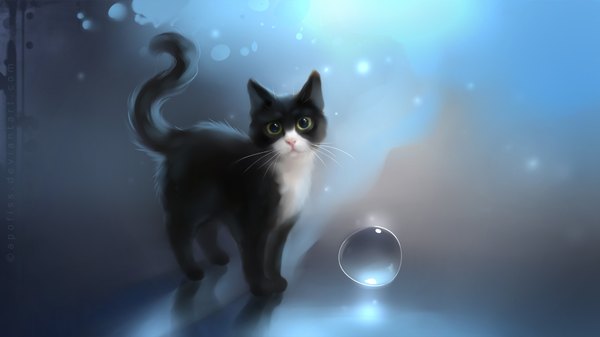 Anime picture 1920x1080 with original apofiss looking at viewer highres wide image signed animal cat bubble (bubbles)