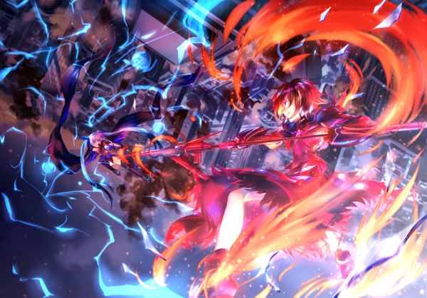 Anime picture 2144x1500 with mahou shoujo lyrical nanoha material-l material-s azmodan fringe highres short hair smile twintails multiple girls holding very long hair magic glowing fighting stance serious weightlessness lightning girl dress