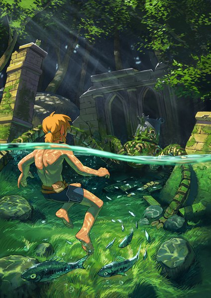 Anime-Bild 1300x1841 mit the legend of zelda the legend of zelda: breath of the wild nintendo link guardian (breath of the wild) malin falch single tall image short hair blonde hair full body ahoge outdoors ponytail barefoot from behind sunlight bare legs partially submerged topless