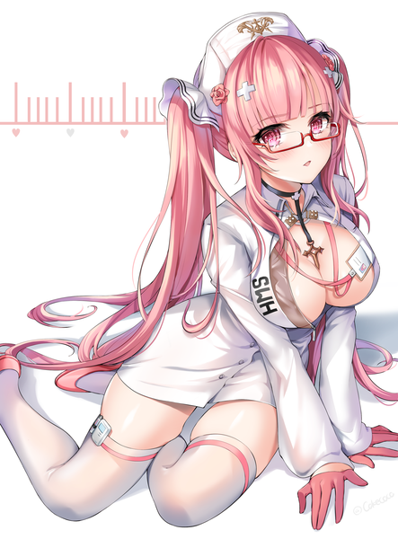 Anime picture 2708x3661 with azur lane perseus (azur lane) perseus (nursery service time) (azur lane) cokecoco single long hair tall image looking at viewer blush fringe highres breasts open mouth light erotic simple background large breasts white background sitting twintails signed