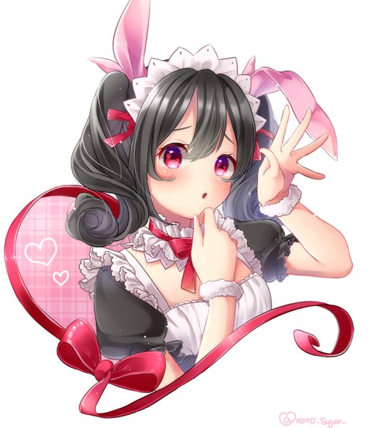 Anime picture 2145x2488 with love live! school idol project sunrise (studio) love live! yazawa nico shuga (0329tixi) single tall image blush highres short hair black hair simple background white background twintails animal ears upper body pink eyes arm up :o maid