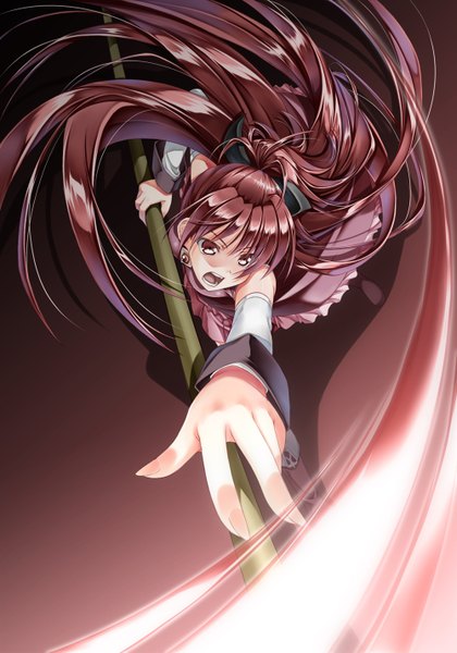 Anime picture 1000x1428 with mahou shoujo madoka magica shaft (studio) sakura kyouko shinohara shinome long hair tall image open mouth red eyes ponytail red hair girl dress detached sleeves