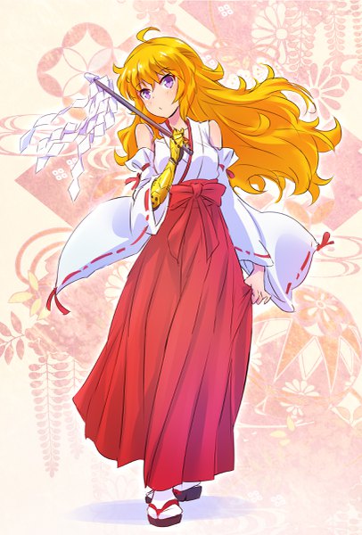 Anime picture 1626x2400 with rwby rooster teeth yang xiao long iesupa single long hair tall image looking at viewer fringe blonde hair hair between eyes standing purple eyes bare shoulders holding full body ahoge long sleeves traditional clothes japanese clothes