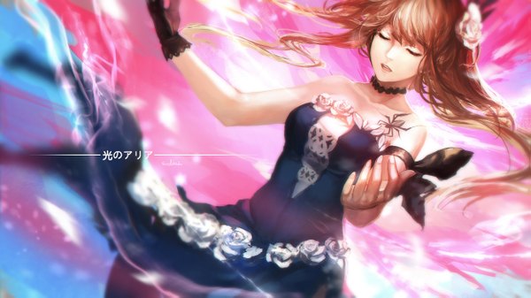 Anime picture 1247x701 with god eater ufotable swd3e2 single open mouth wide image bare shoulders eyes closed hair flower inscription singing girl gloves hair ornament flower (flowers) choker black gloves single glove