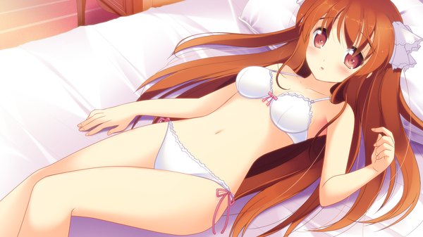 Anime picture 2048x1152 with shinsei ni shite okasubekarazu (game) sanemaki nozomi watari masahito long hair highres light erotic red eyes brown hair wide image game cg underwear only girl underwear panties