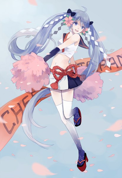 Anime picture 1000x1453 with vocaloid hatsune miku yu (kongxiang) single tall image looking at viewer fringe open mouth blue eyes simple background hair between eyes standing twintails bare shoulders holding blue hair full body ahoge bent knee (knees) very long hair