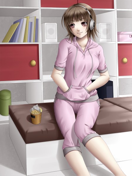 Anime picture 900x1200 with original mochi.f single tall image short hair smile brown hair sitting brown eyes looking away hands in pockets girl headphones shelf