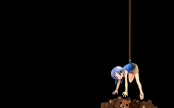 Anime picture 1440x900 with pedobear single blush short hair open mouth blue eyes wide image blue hair full body black background yellow background girl animal toy stuffed animal stuffed toy teddy bear bear crane game