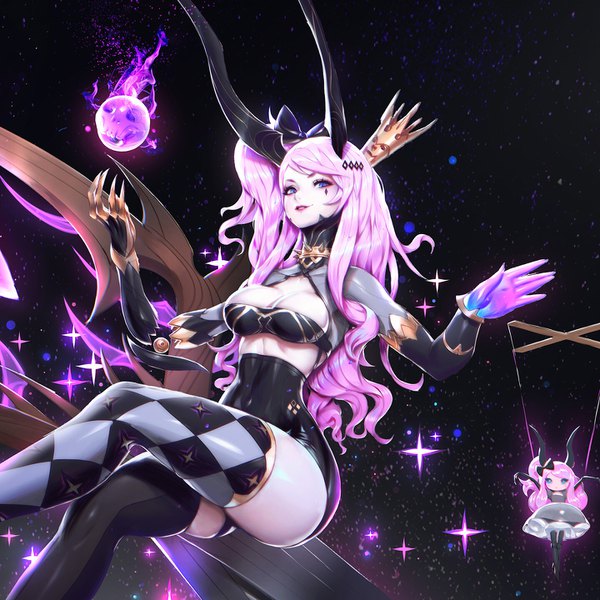 Anime picture 1440x1440 with deathverse (zeronis) original lilith (deathverse) paul (shiramune) single long hair looking at viewer blue eyes light erotic smile signed pink hair full body horn (horns) high heels legs lipstick one side up gradient background skindentation