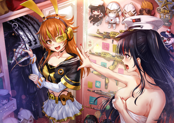 Anime picture 2109x1500 with knives out sakiyamama long hair blush fringe highres breasts open mouth light erotic black hair smile hair between eyes red eyes large breasts standing bare shoulders multiple girls holding animal ears payot