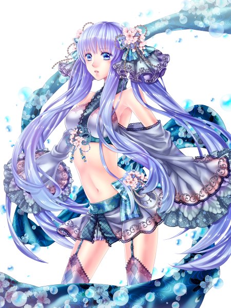 Anime picture 900x1200 with original unohanatei single long hair tall image looking at viewer blue eyes simple background white background bare shoulders purple hair hair flower midriff girl thighhighs skirt navel hair ornament flower (flowers) bubble (bubbles)