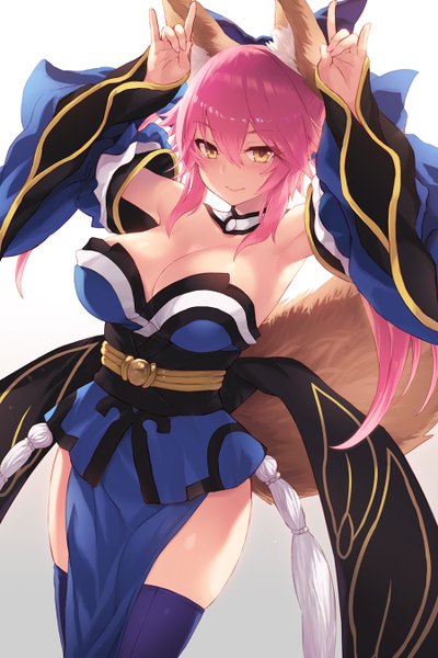 Anime picture 900x1350 with fate (series) fate/extra tamamo (fate) (all) tamamo no mae (fate) cait single long hair tall image looking at viewer blush fringe breasts light erotic simple background smile hair between eyes large breasts twintails animal ears yellow eyes