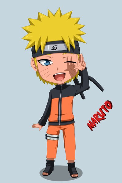 Anime picture 1000x1500 with naruto studio pierrot naruto (series) uzumaki naruto flowerinhell single tall image looking at viewer short hair open mouth blue eyes blonde hair simple background standing one eye closed wink inscription teeth shadow character names