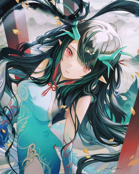 Anime-Bild 4000x5000 mit arknights dusk (arknights) dusk (everything is a miracle) (arknights) fuyuumikou single tall image looking at viewer fringe highres black hair red eyes absurdres very long hair traditional clothes horn (horns) from above pointy ears sleeveless official alternate costume chinese clothes
