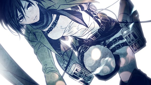 Anime picture 1024x576 with shingeki no kyojin production i.g mikasa ackerman teinpomu single looking at viewer short hair black hair wide image black eyes monochrome girl weapon sword jacket boots belt scarf thigh strap