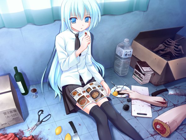 Anime picture 1000x750 with original yuku (kiollion) long hair blue eyes white hair guro girl thighhighs black thighhighs shirt necktie blood bottle knife hand box scissors lemon