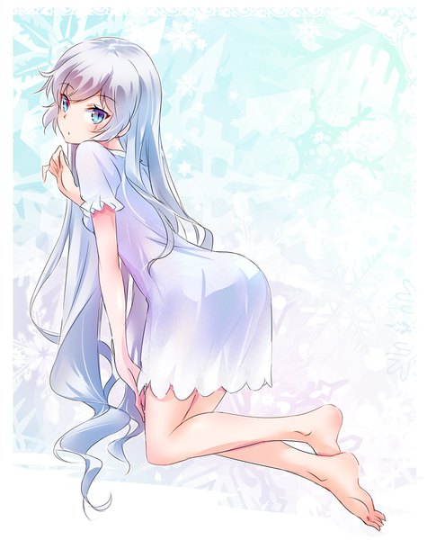 Anime picture 1093x1380 with rwby rooster teeth weiss schnee iesupa single long hair tall image looking at viewer blue eyes silver hair full body ass very long hair looking back barefoot kneeling scar soles alternate hairstyle see-through silhouette