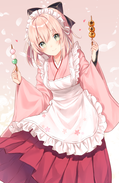Anime picture 800x1228 with fate (series) fate/grand order koha-ace okita souji (fate) (all) okita souji (koha-ace) nunucco single tall image looking at viewer blush fringe short hair smile hair between eyes standing holding yellow eyes pink hair traditional clothes head tilt
