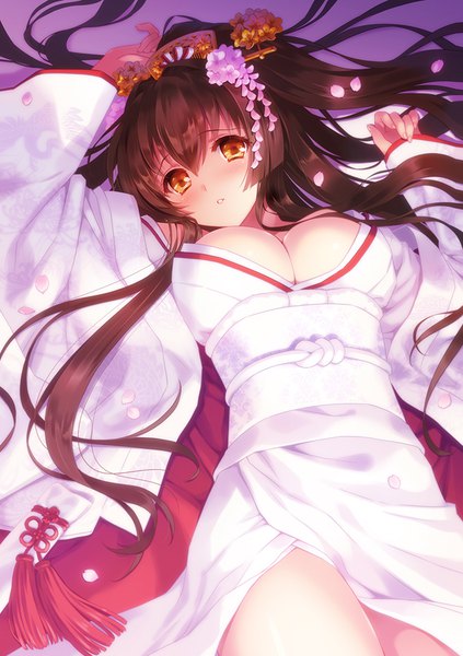 Anime picture 600x850 with kantai collection yamato super battleship carnelian single long hair tall image blush fringe breasts light erotic hair between eyes brown hair large breasts yellow eyes ponytail lying traditional clothes parted lips japanese clothes hair flower