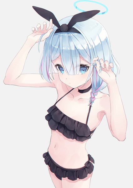 Anime picture 850x1200 with blue archive arona (blue archive) usamiusamimii single tall image looking at viewer fringe short hair blue eyes light erotic simple background hair between eyes blue hair braid (braids) from above grey background side braid girl ribbon (ribbons) swimsuit